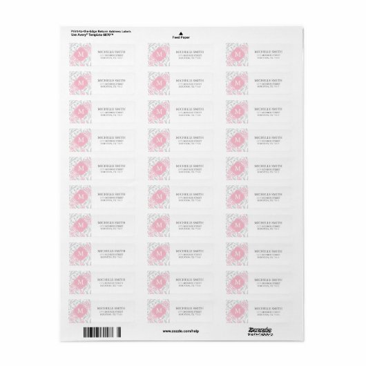Monogrammed Pink Grey Floral Damask Pattern Etiket (Full Sheet)