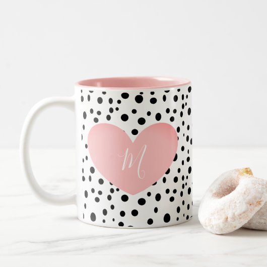 Monogrammed Pink Heart en Stippen Mok (Met donut)