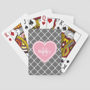 Monogrammed Pink Heart Grey Moroccan Lattice Pokerkaarten