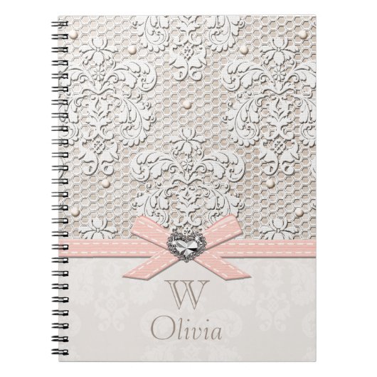 Monogrammed Pink  Lace en Pearls Notitieboek (Voorkant)