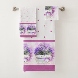 Monogrammed Pink Lavender Floral Polka dot Bad Handdoek