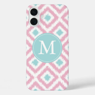 Monogrammed Pink Mint Diamond Ikat Pattern iPhone 16 Plus Hoesje
