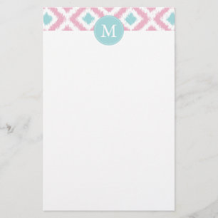 Monogrammed Pink Mint Diamonds Ikat Pattern Briefpapier