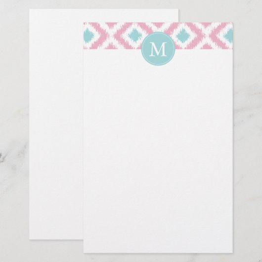 Monogrammed Pink Mint Diamonds Ikat Pattern Briefpapier (Voorkant / Achterkant)