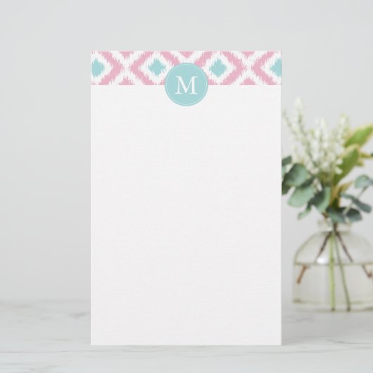Monogrammed Pink Mint Diamonds Ikat Pattern Briefpapier (Staand voorkant)