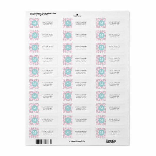 Monogrammed Pink Mint Diamonds Ikat Pattern Etiket (Full Sheet)