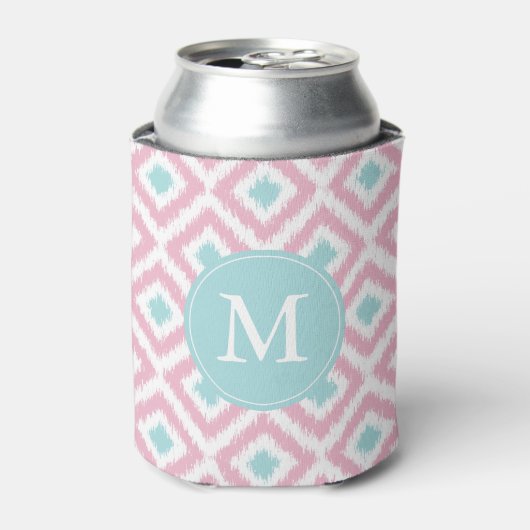 Monogrammed Pink Mint Ikat Diamonds Pattern Blikjeskoeler (Blikje Voorkant)