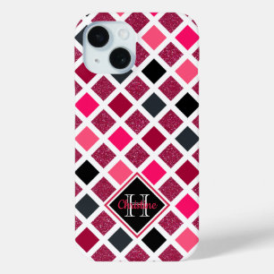 Monogrammed Pink Paars Girly Geometric Pattern iPhone 15 Case