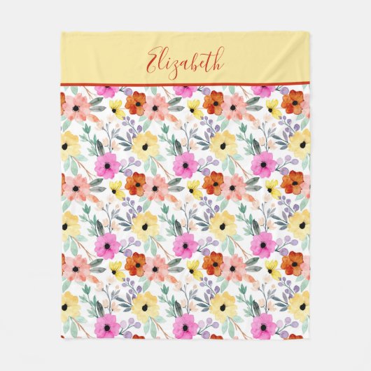 Monogrammed Pink, Red, Yellow Floral Greenery Fleece Deken (Voorkant)