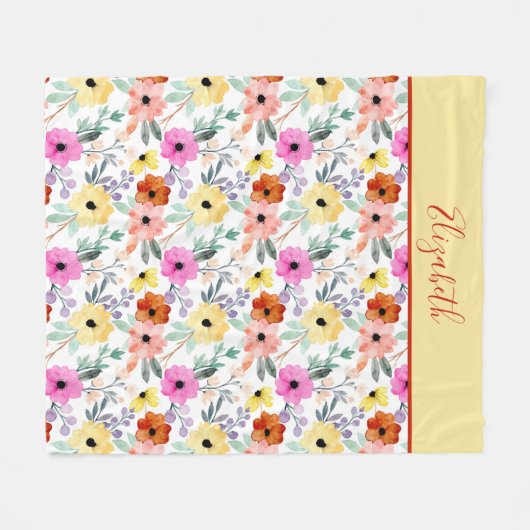 Monogrammed Pink, Red, Yellow Floral Greenery Fleece Deken (Voorkant (Horizontaal))