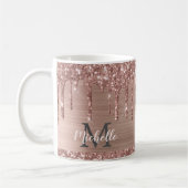 Monogrammed Pink Rose Gold Glitter Drips Koffiemok (Links)