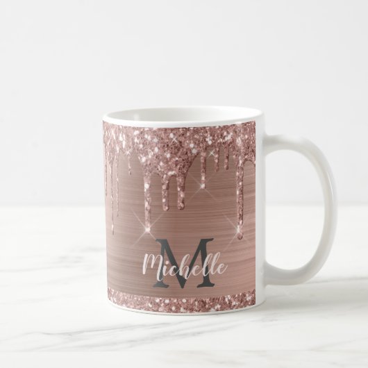 Monogrammed Pink Rose Gold Glitter Drips Koffiemok (Rechts)