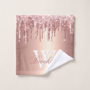 Monogrammed Pink Rose Gold Glitter Drips Washandje