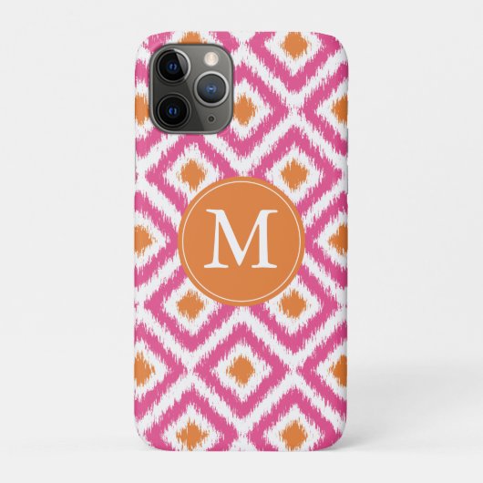 Monogrammed Pink Tangerine Diamond Ikat Pattern Case-Mate iPhone Case (Achterkant)