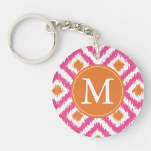 Monogrammed Pink Tangerine Diamond Ikat Pattern Sleutelhanger