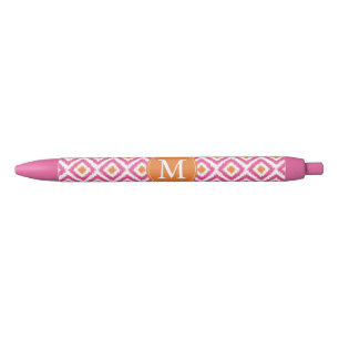 Monogrammed Pink Tangerine Diamond Ikat Pattern Zwarte Inkt Pen