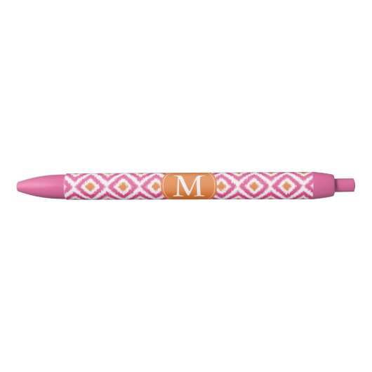 Monogrammed Pink Tangerine Diamond Ikat Pattern Zwarte Inkt Pen (Voorkant)