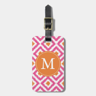 Monogrammed Pink Tangerine Diamonds Ikat Pattern Bagagelabel