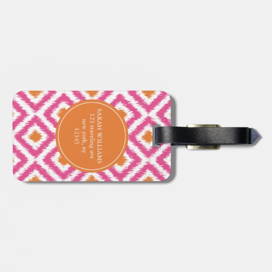 Monogrammed Pink Tangerine Diamonds Ikat Pattern Bagagelabel (Achterkant horizontaal)