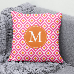 Monogrammed Pink Tangerine Diamonds Ikat Pattern Kussen