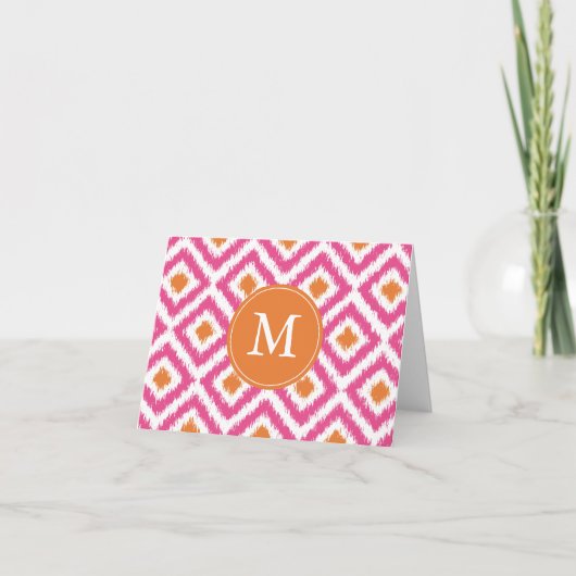 Monogrammed Pink Tangerine Diamonds Ikat Pattern Notitiekaartje (Voorkant)