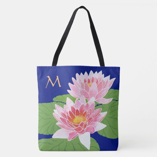 Monogrammed Pink Water Lilies op Blauw Tote Bag (Voorkant)