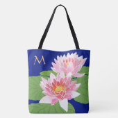 Monogrammed Pink Water Lilies op Blauw Tote Bag (Achterkant)