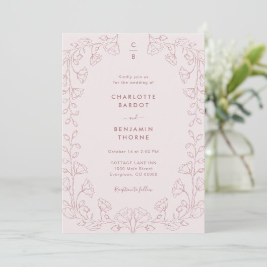 Monogrammed Pink Wedding Uitnodiging (Staand voorkant)