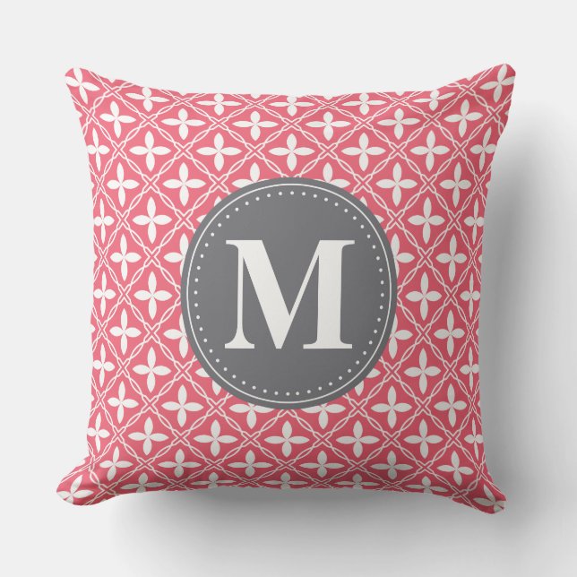 Monogrammed Pink White Floral Lattice Pattern Kussen (Voorkant)