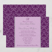 Monogrammed Plum Damask Wedding Invitation Kaart (Voorkant / Achterkant)