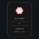 Monogrammed Poker Chip Save the Date Kaart<br><div class="desc">Klaar om de dobbelstenen voor altijd aan te laten rollen? Stuur je familie en vrienden een pokerthema om de datum op te slaan waarop je aanstaande bruiloft in Las Vegas wordt aangekondigd. Deze slanke en eenvoudig aan te passen uitnodiging is voorzien van een gepersonaliseerde pokerchip in klassiek rood, wit en...</div>