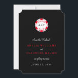 Monogrammed Poker Chip Save the Date Kaart<br><div class="desc">Klaar om de dobbelstenen voor altijd aan te laten rollen? Stuur je familie en vrienden een pokerthema om de datum op te slaan waarop je aanstaande bruiloft in Las Vegas wordt aangekondigd. Deze slanke en eenvoudig aan te passen uitnodiging is voorzien van een gepersonaliseerde pokerchip in klassiek rood, wit en...</div>