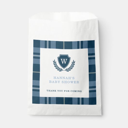 Monogrammed Preppy Blue Plaid Baby shower Bedankzakje (Voorkant)