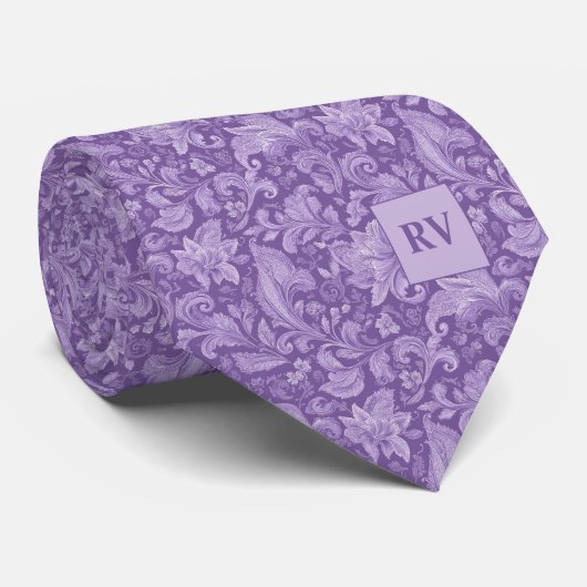 Monogrammed Purple Baroque Leaf Scroll Pattern Stropdas (Opgerold)
