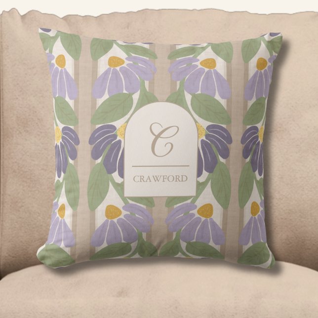 Monogrammed Purple & Beige Floral Stripe Kussen (Monogrammed Floral Striped Throw Pillow)