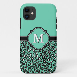 Monogrammed Quatrefoil Munt Leopard Spots iPhone 11 Hoesje
