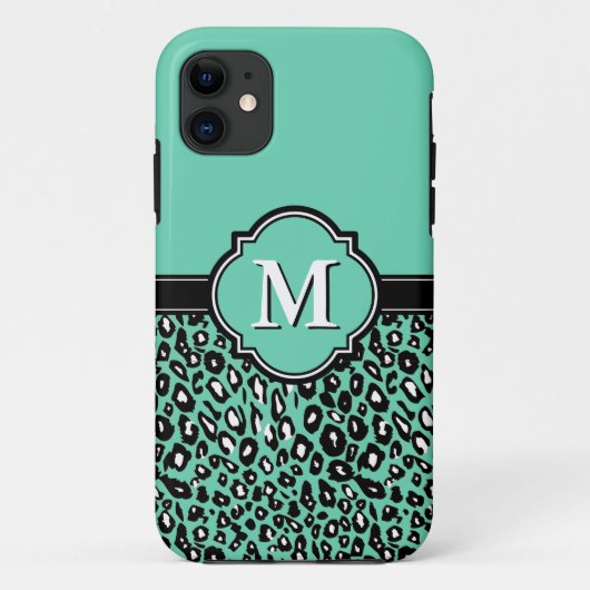 Monogrammed Quatrefoil Munt Leopard Spots Case-Mate iPhone Case (Achterkant)