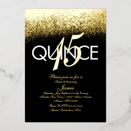 Monogrammed Quince geperste Glitter Gold Folie Uitnodiging (Voorkant)