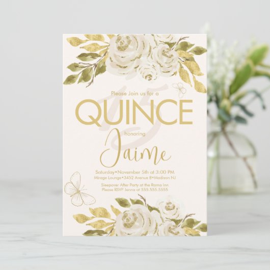 Monogrammed Quince Ivory Roos Pink Florals Kaart (Staand voorkant)