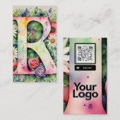 Monogrammed R Daisy Floral Waterverf QR Code Logo Visitekaartje (Voorkant / Achterkant)