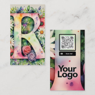 Monogrammed R Daisy Floral Waterverf QR Code Logo Visitekaartje