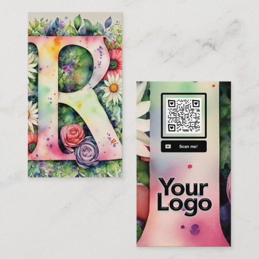Monogrammed R Daisy Floral Waterverf QR Code Logo Visitekaartje (Voorkant / Achterkant)