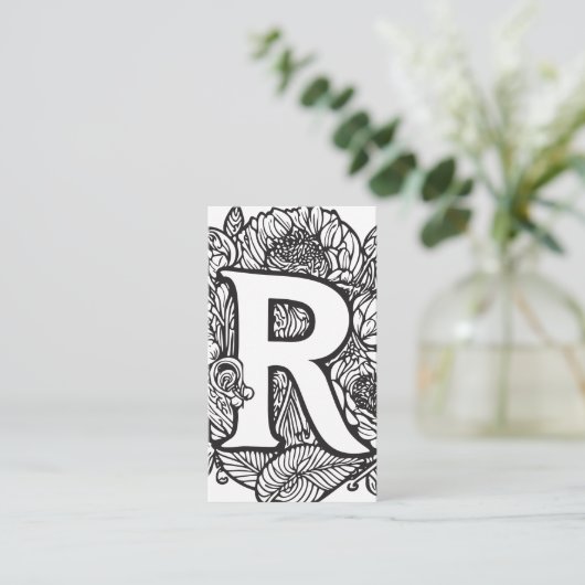 Monogrammed R Zwart-wit Bloemen QR Code Logo Visitekaartje (Staand voorkant)
