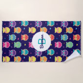 Monogrammed Rainbow Blue Owl Pattern Girls Animal Strandlaken (Voorkant)