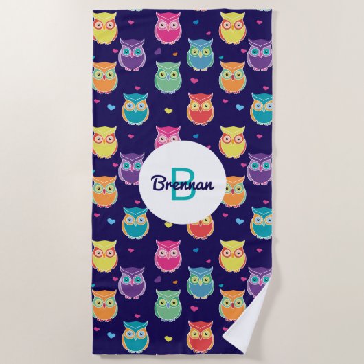 Monogrammed Rainbow Blue Owl Pattern Girls Animal Strandlaken (Voorkant)