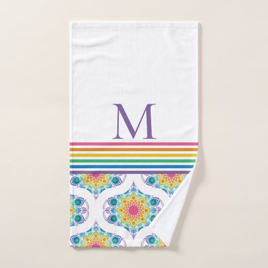 Monogrammed Rainbow Floral Fountain Mid Mod Ogee Bad Handdoek (Handdoek)