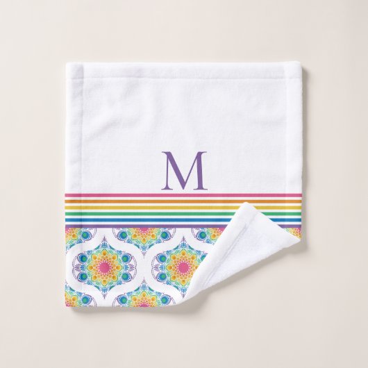 Monogrammed Rainbow Floral Fountain Mid Mod Ogee Bad Handdoek (Wasdoekje)