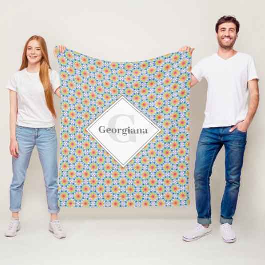 Monogrammed Rainbow Floral Mandala Art Deco Fans Fleece Deken (In situ)