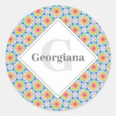 Monogrammed Rainbow Floral Mandala Art Deco Fans Ronde Sticker (Voorkant)