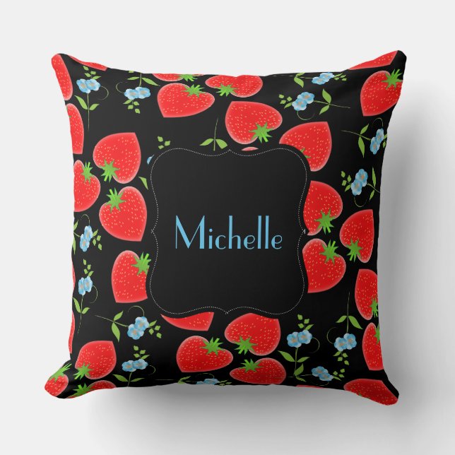Monogrammed Red Aardbeien en Blue Forgetmenots Kussen (Voorkant)